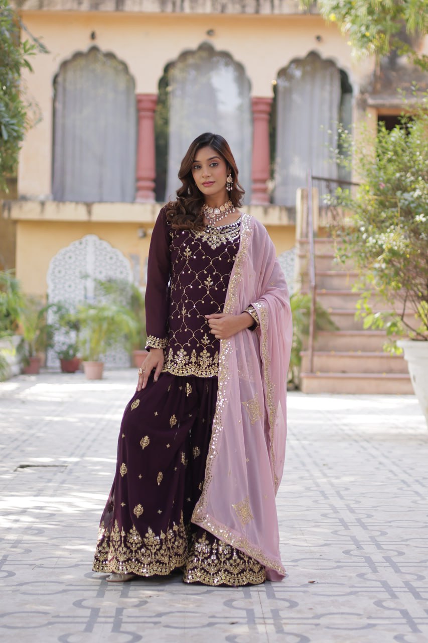 Wine Premium Designer Kurti-Plazzo-Dupatta Set with Sequins Embroidery - Ready to Wear