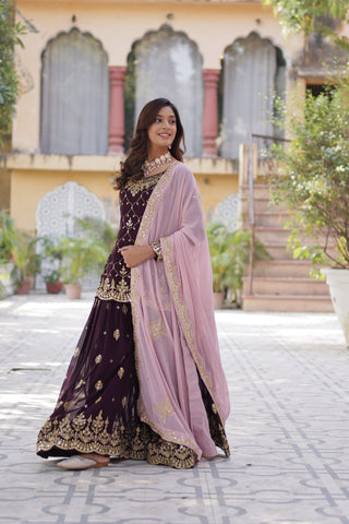 Wine Premium Designer Kurti-Plazzo-Dupatta Set with Sequins Embroidery - Ready to Wear