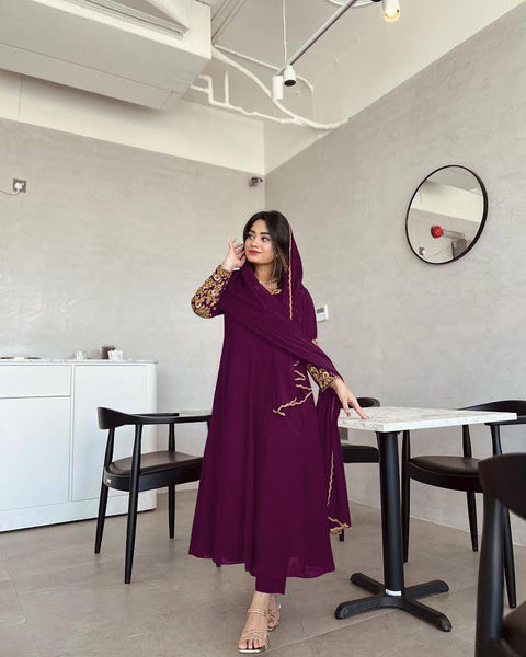 Wine Premium Designer Party Wear Anarkali Gown, Dupatta & Bottom Set Clothsvilla Main image