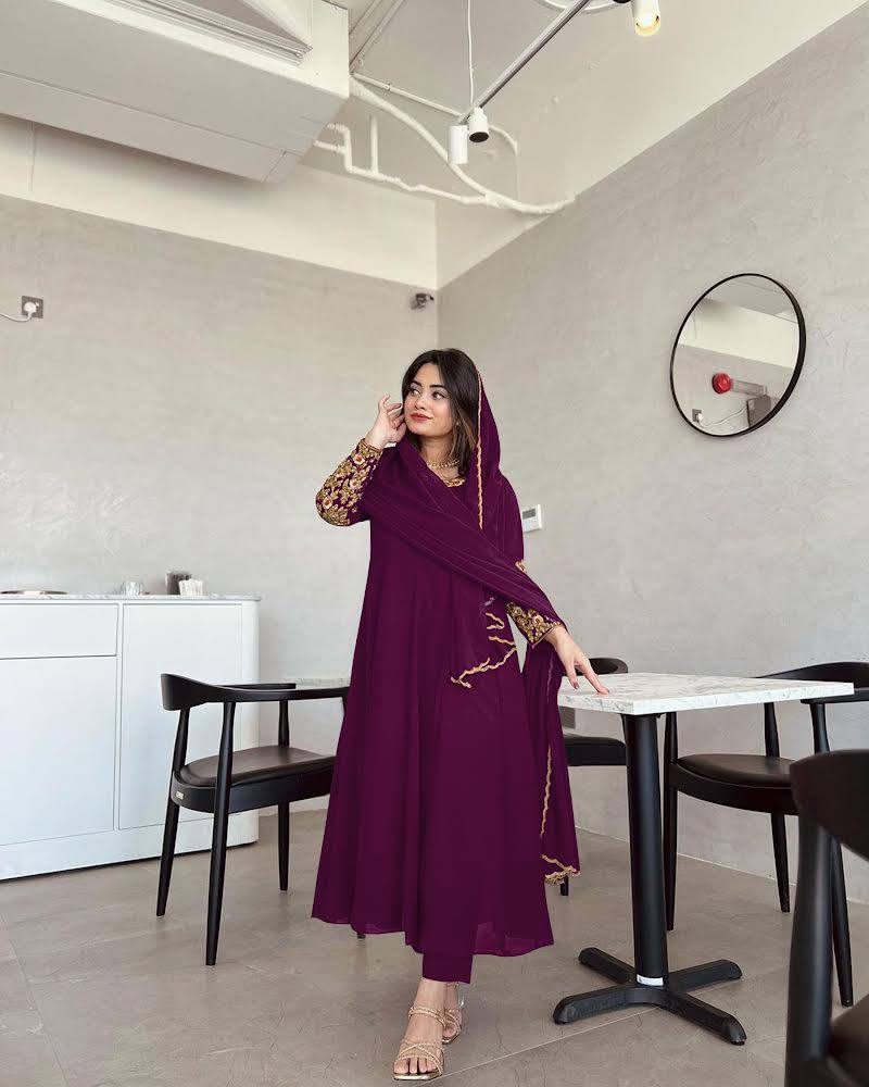Wine Premium Designer Party Wear Anarkali Gown, Dupatta & Bottom Set Clothsvilla Main image