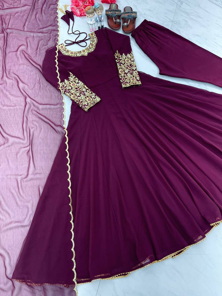 Wine Premium Designer Party Wear Anarkali Gown, Dupatta & Bottom Set Clothsvilla