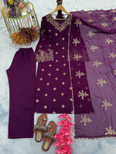 Load image into Gallery viewer, Wine Premium Designer Party Wear Faux Georgette Top, Bottom &amp; Dupatta Set Clothsvilla