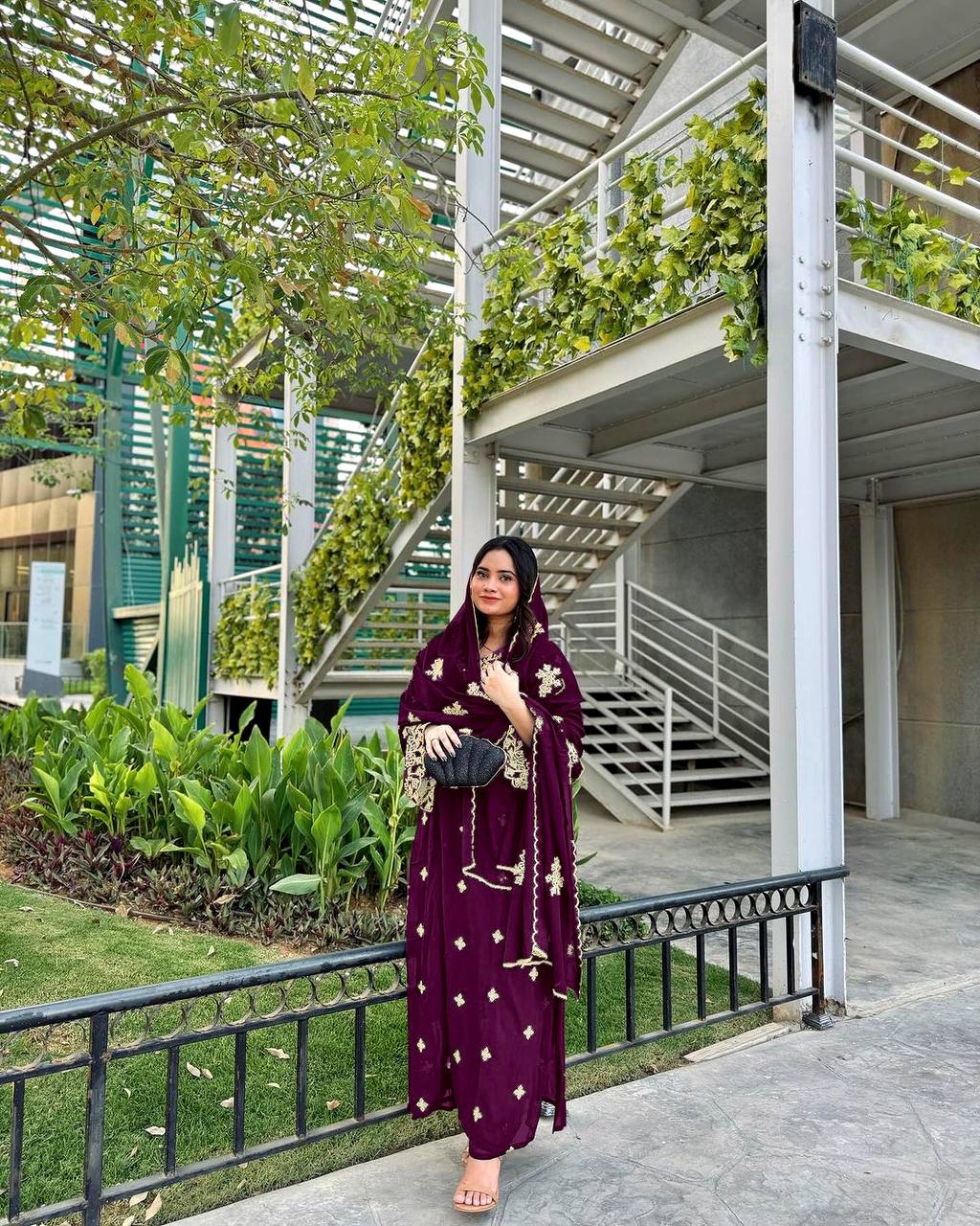 Wine Premium Designer Party Wear Faux Georgette Top, Bottom & Dupatta Set Clothsvilla Main image