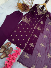 Load image into Gallery viewer, Wine Premium Designer Party Wear Faux Georgette Top, Bottom &amp; Dupatta Set Clothsvilla