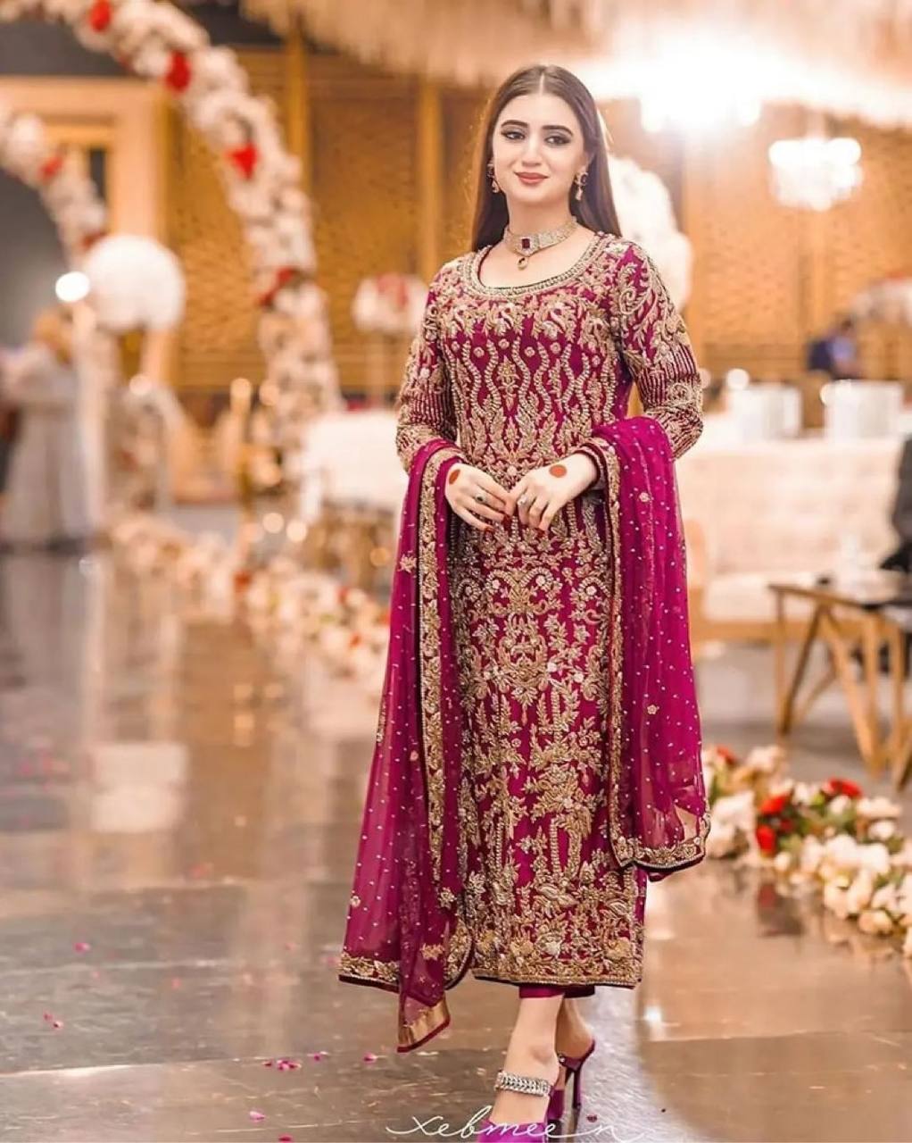 Wine Premium Designer Party Wear Faux Georgette Top, Bottom & Dupatta Set Clothsvilla Main image
