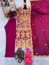 Load image into Gallery viewer, Wine Premium Designer Party Wear Faux Georgette Top, Bottom &amp; Dupatta Set Clothsvilla