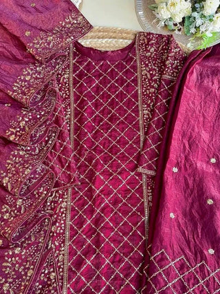 Wine Premium Designer Party Wear Ready-Made Top, Plazzo & Dupatta Set ClothsVilla