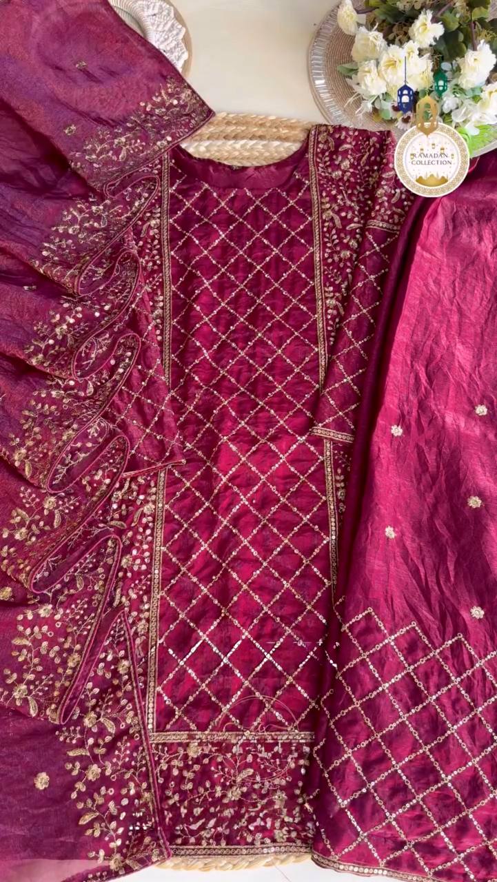 Wine Premium Designer Party Wear Ready-Made Top, Plazzo & Dupatta Set ClothsVilla