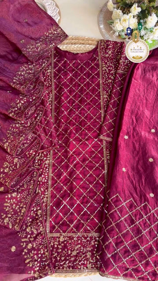 Wine Premium Designer Party Wear Ready-Made Top, Plazzo & Dupatta Set ClothsVilla