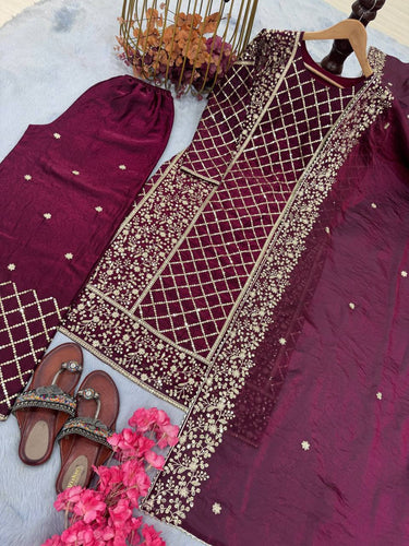 Wine Premium Designer Party Wear Ready-Made Top, Plazzo & Dupatta Set ClothsVilla