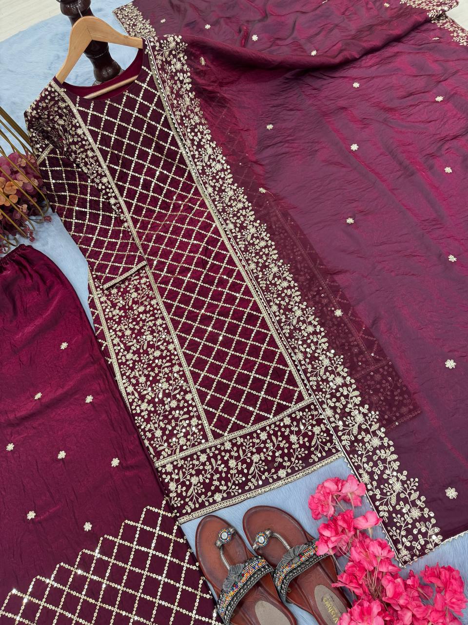 Wine Premium Designer Party Wear Ready-Made Top, Plazzo & Dupatta Set ClothsVilla