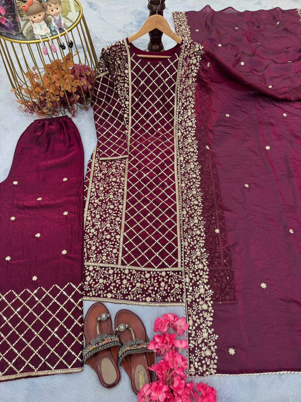 Wine Premium Designer Party Wear Ready-Made Top, Plazzo & Dupatta Set ClothsVilla Main image