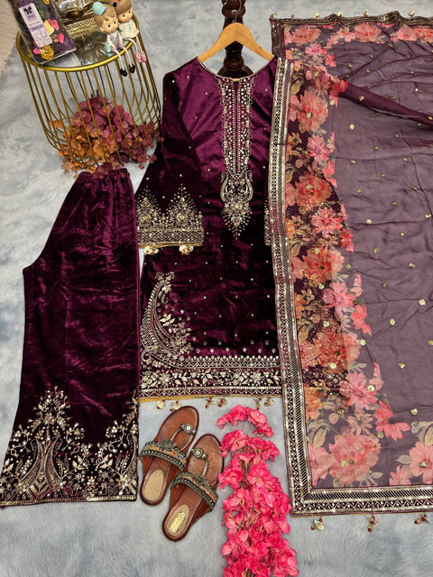 Wine Premium Designer Party Wear Viscose Velvet Top, Plazzo & Dupatta Set – Elegant Festive Look Clothsvilla Main image
