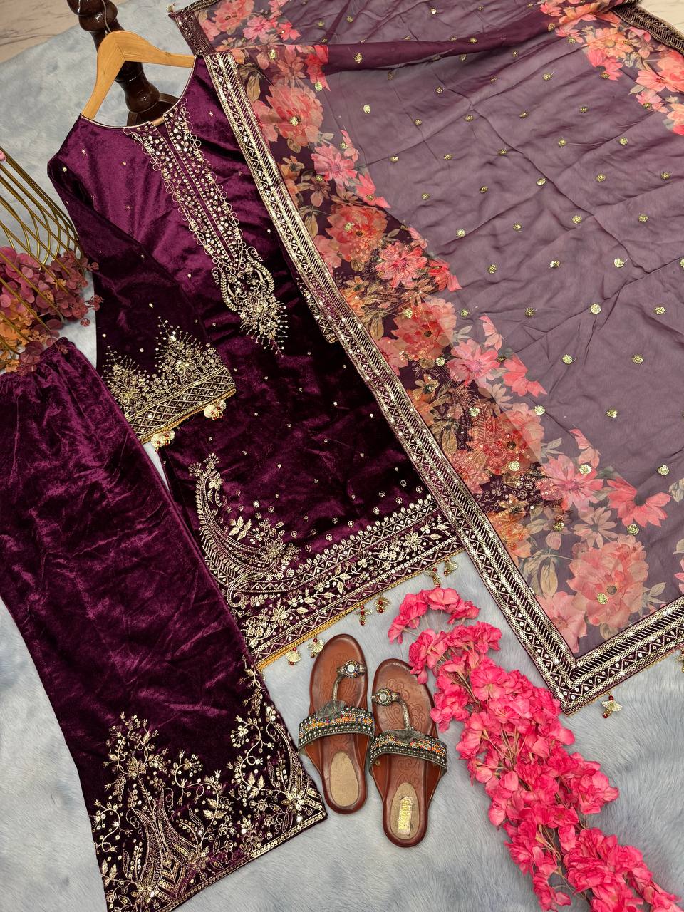 Wine Premium Designer Party Wear Viscose Velvet Top, Plazzo & Dupatta Set – Elegant Festive Look Secondary image