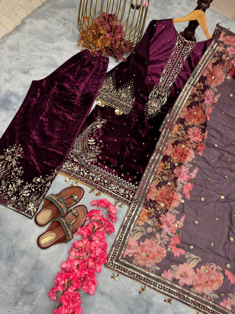 Wine Premium Designer Party Wear Viscose Velvet Top, Plazzo & Dupatta Set – Elegant Festive Look Clothsvilla