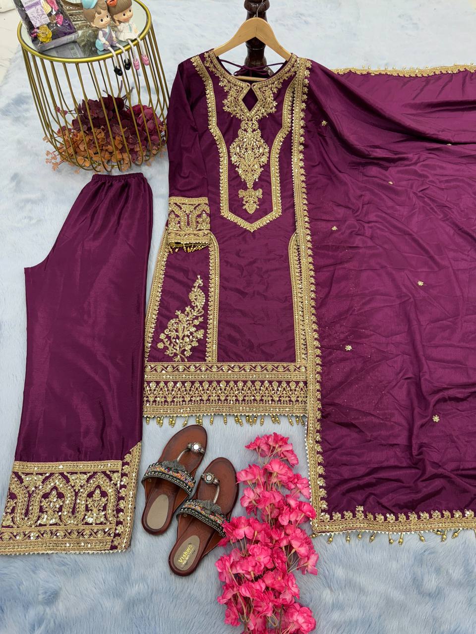 Wine Premium Designer Readymade Chinon Silk Top, Plazzo & Dupatta Set – Party Wear Elegance Clothsvilla Main image