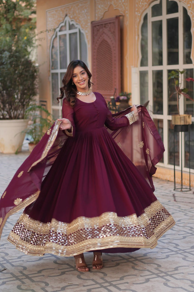 Wine Premium Designer Readymade Gown with Dupatta Collection Embroidered Elegance Clothsvilla