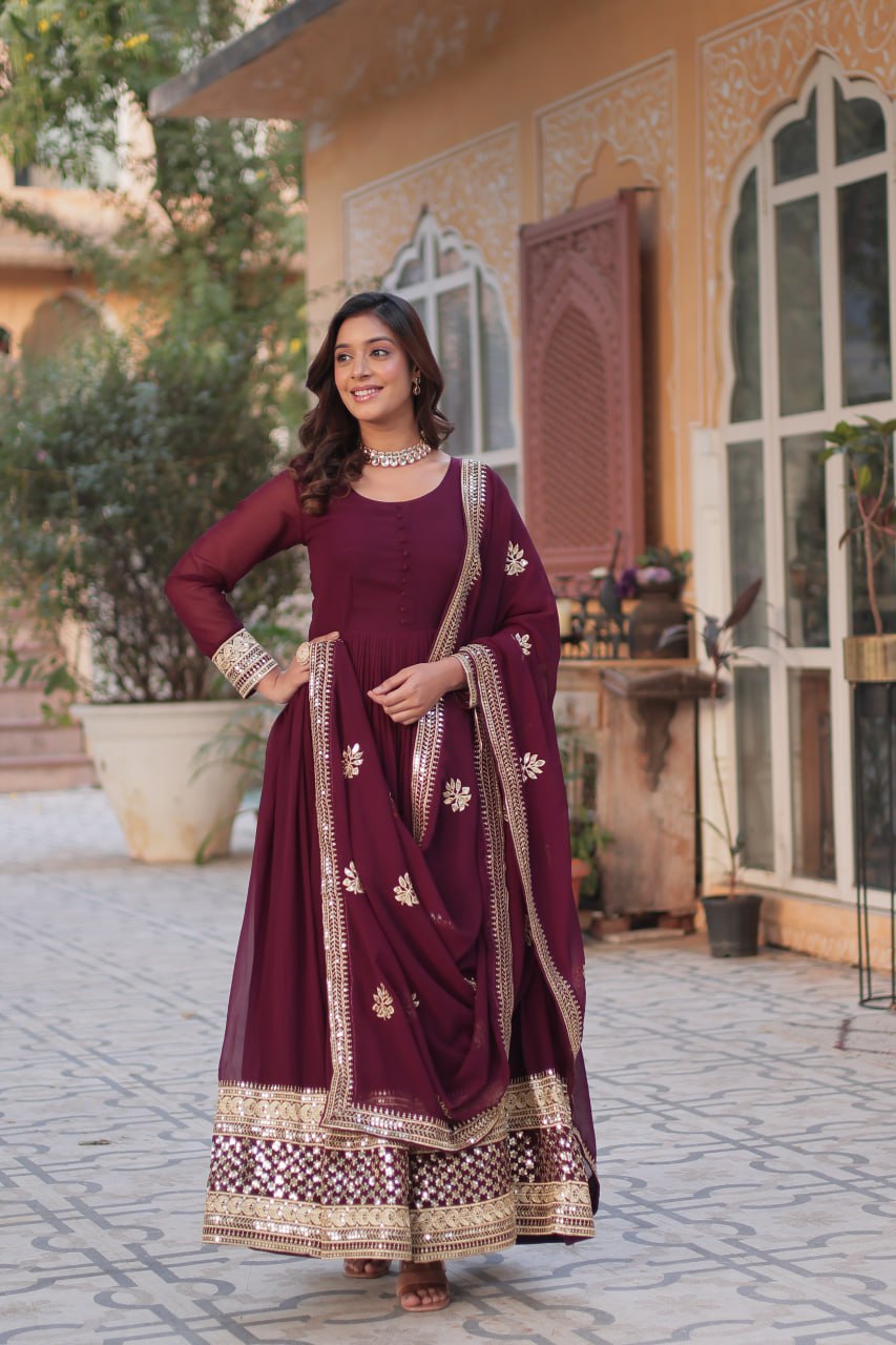 Wine Premium Designer Readymade Gown with Dupatta Collection Embroidered Elegance Clothsvilla Main image
