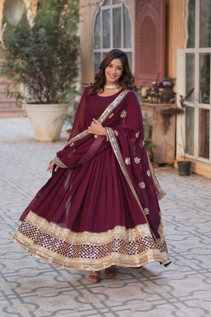 Wine Premium Designer Readymade Gown with Dupatta Collection Embroidered Elegance Clothsvilla