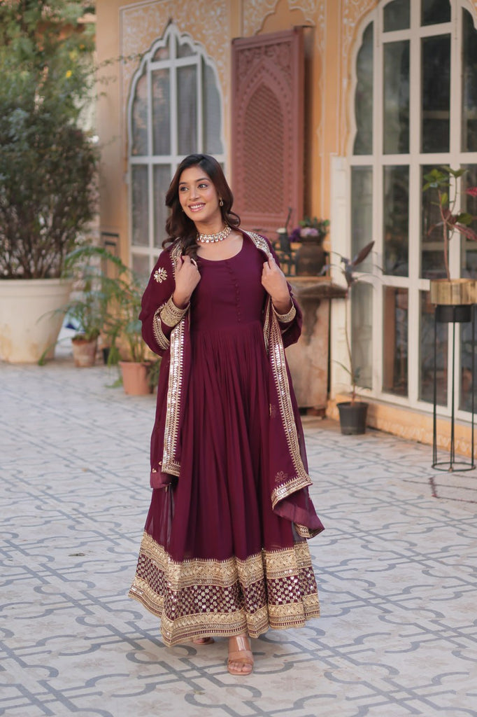 Wine Premium Designer Readymade Gown with Dupatta Collection Embroidered Elegance Clothsvilla