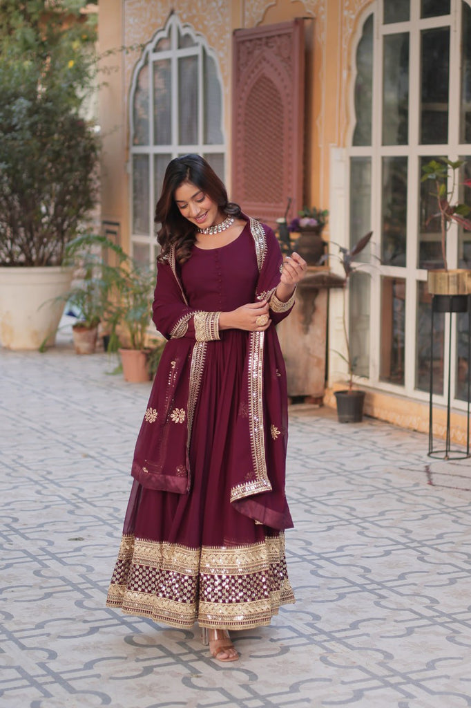 Wine Premium Designer Readymade Gown with Dupatta Collection Embroidered Elegance Clothsvilla