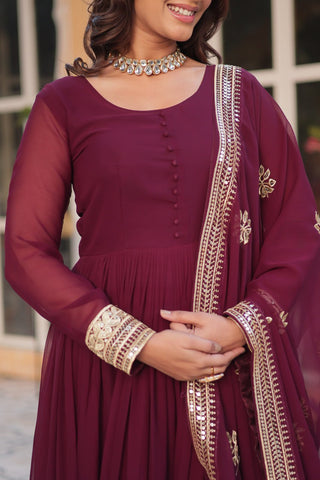 Wine Premium Designer Readymade Gown with Dupatta Collection Embroidered Elegance Clothsvilla