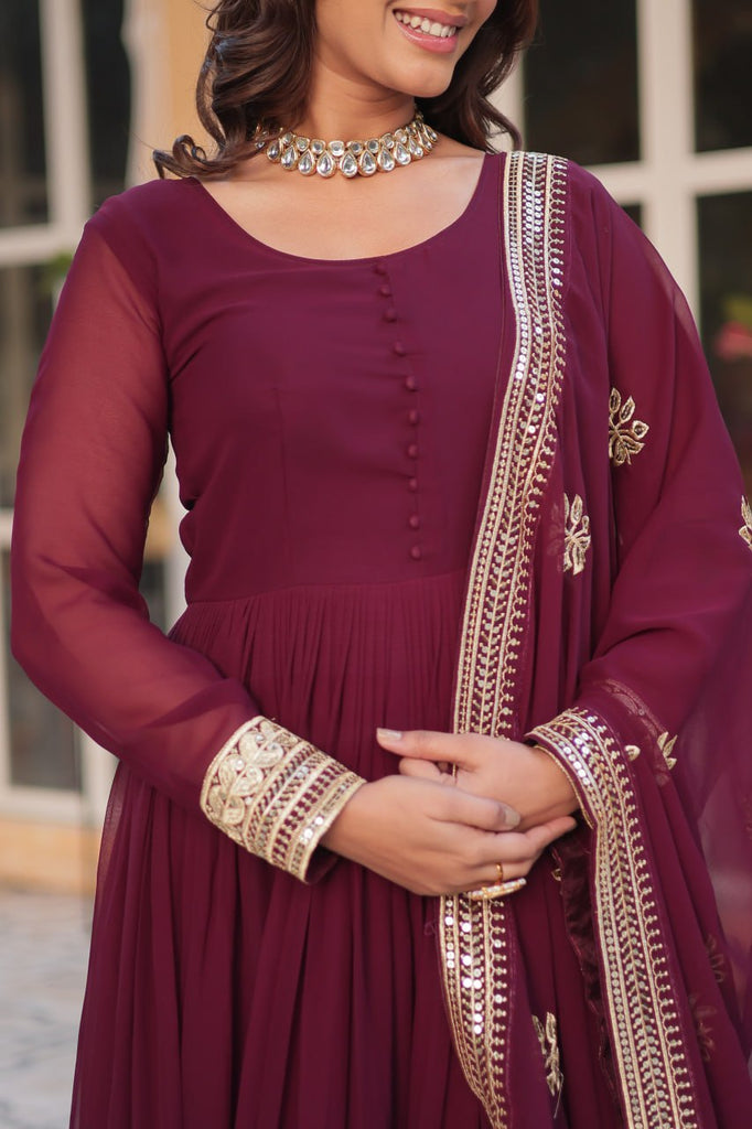 Wine Premium Designer Readymade Gown with Dupatta Collection Embroidered Elegance Clothsvilla