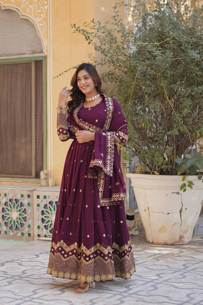 Wine Premium Designer Readymade Gown with Dupatta Clothsvilla