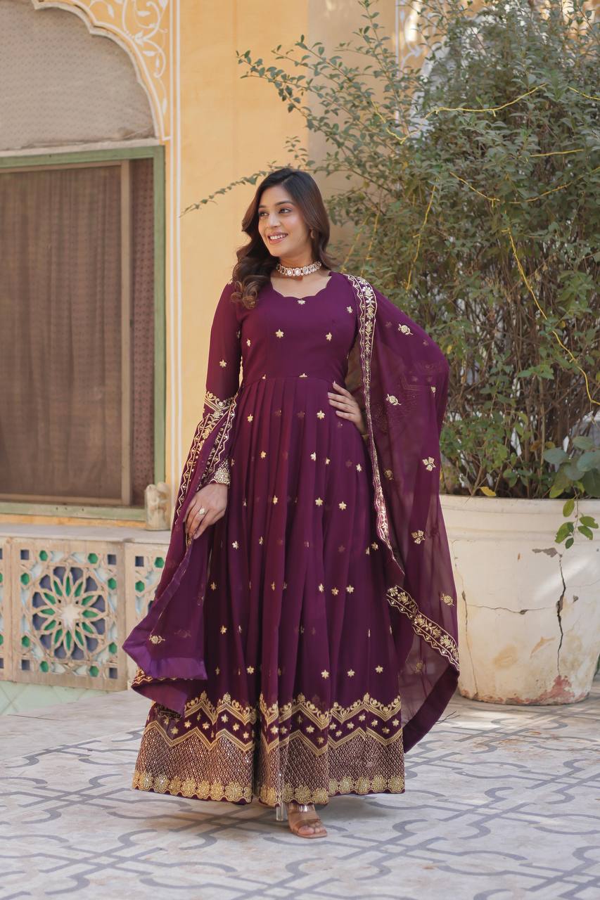 Wine Premium Designer Readymade Gown with Dupatta Clothsvilla