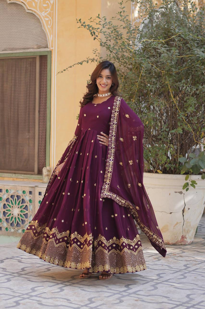 Wine Premium Designer Readymade Gown with Dupatta Clothsvilla