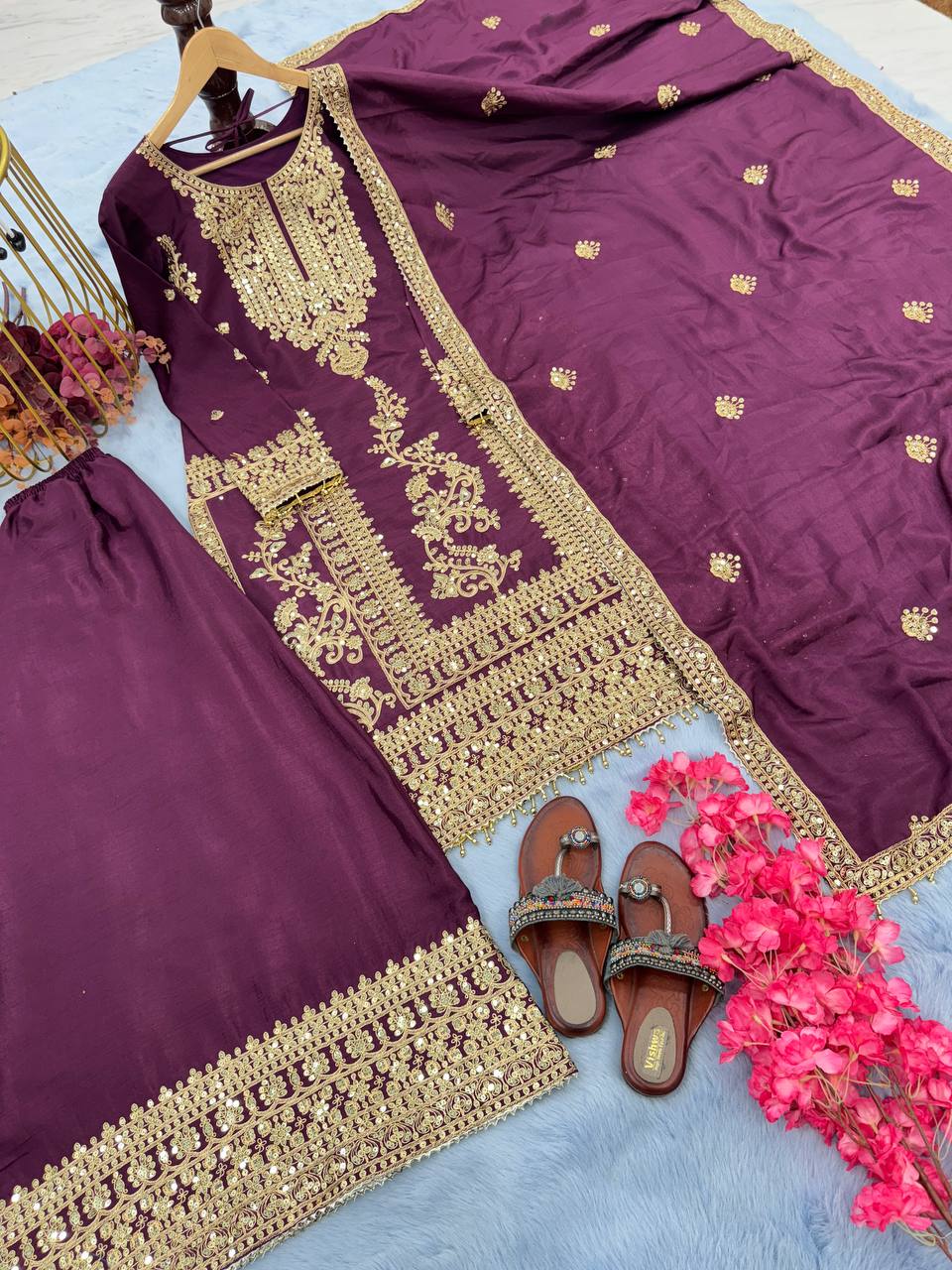 Wine Premium Designer Readymade Top, Palazzo & Dupatta Set –Party Wear ClothsVilla