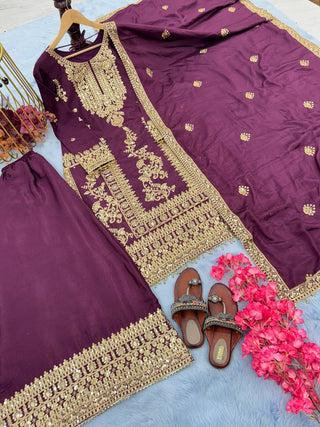 Wine Premium Designer Readymade Top, Palazzo & Dupatta Set –Party Wear ClothsVilla