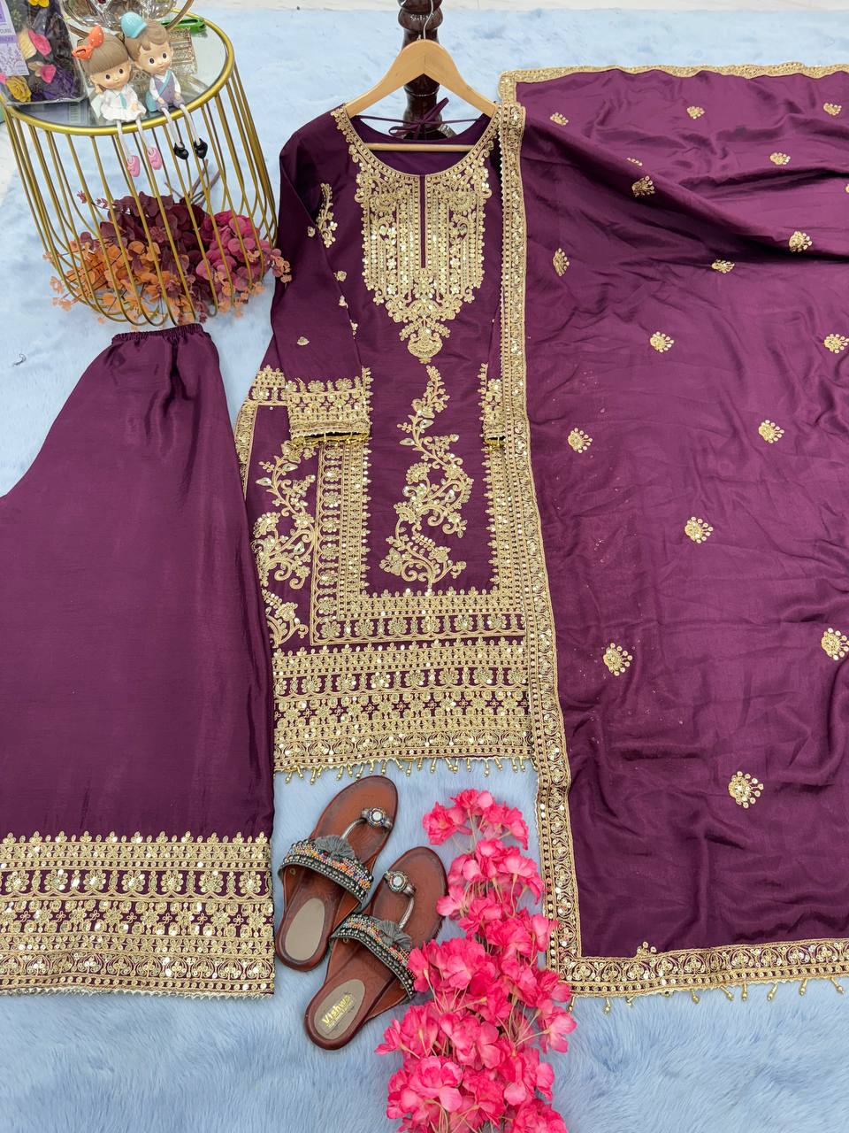 Wine Premium Designer Readymade Top, Palazzo & Dupatta Set –Party Wear ClothsVilla
