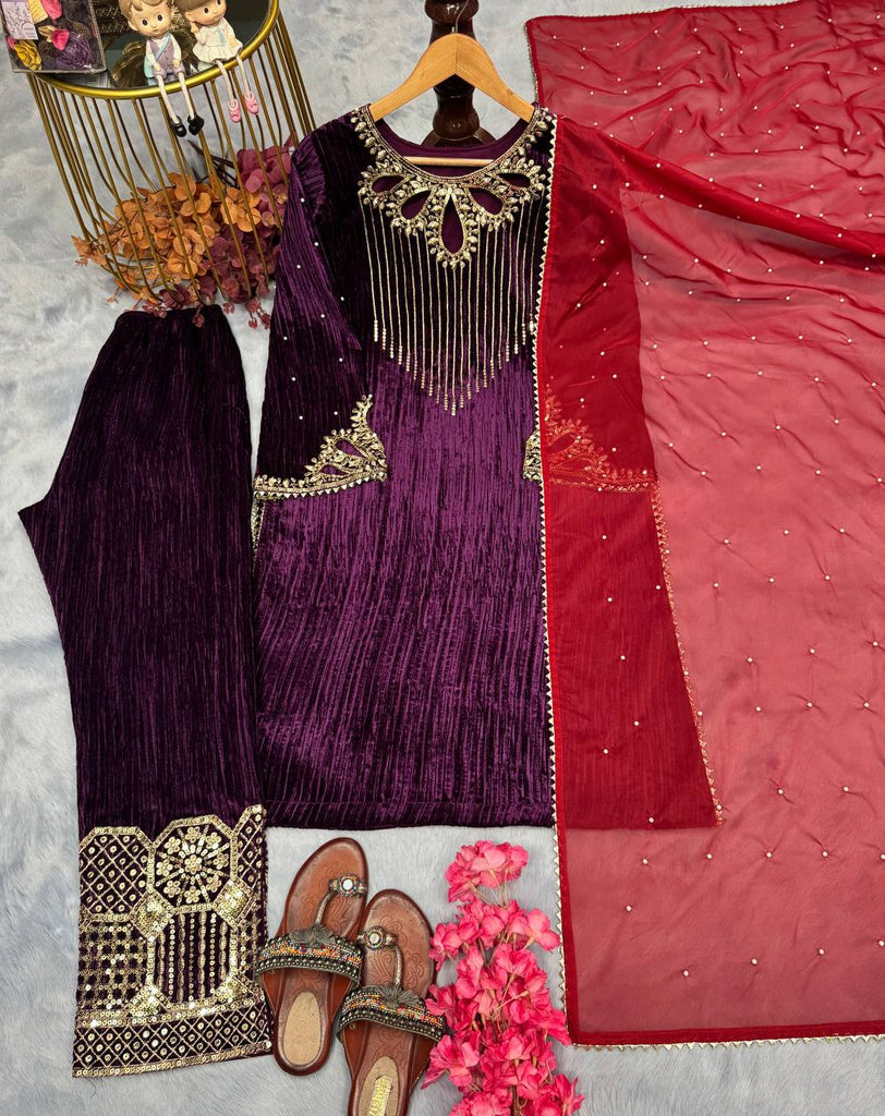 Wine Premium Designer Readymade Velvet Top, Plazzo & Dupatta Set Clothsvilla