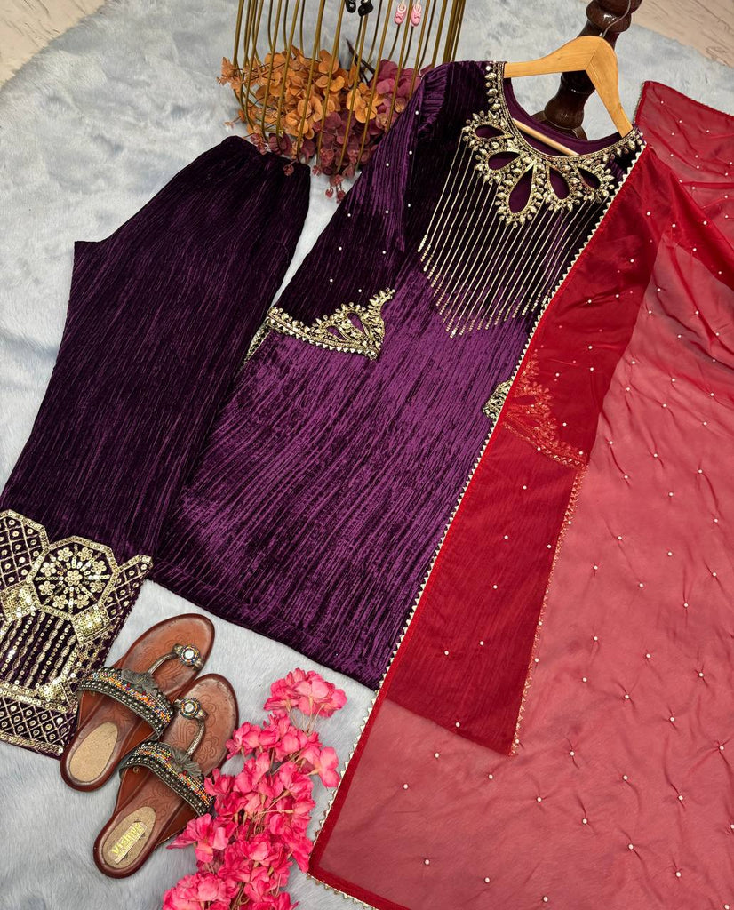 Wine Premium Designer Readymade Velvet Top, Plazzo & Dupatta Set Clothsvilla