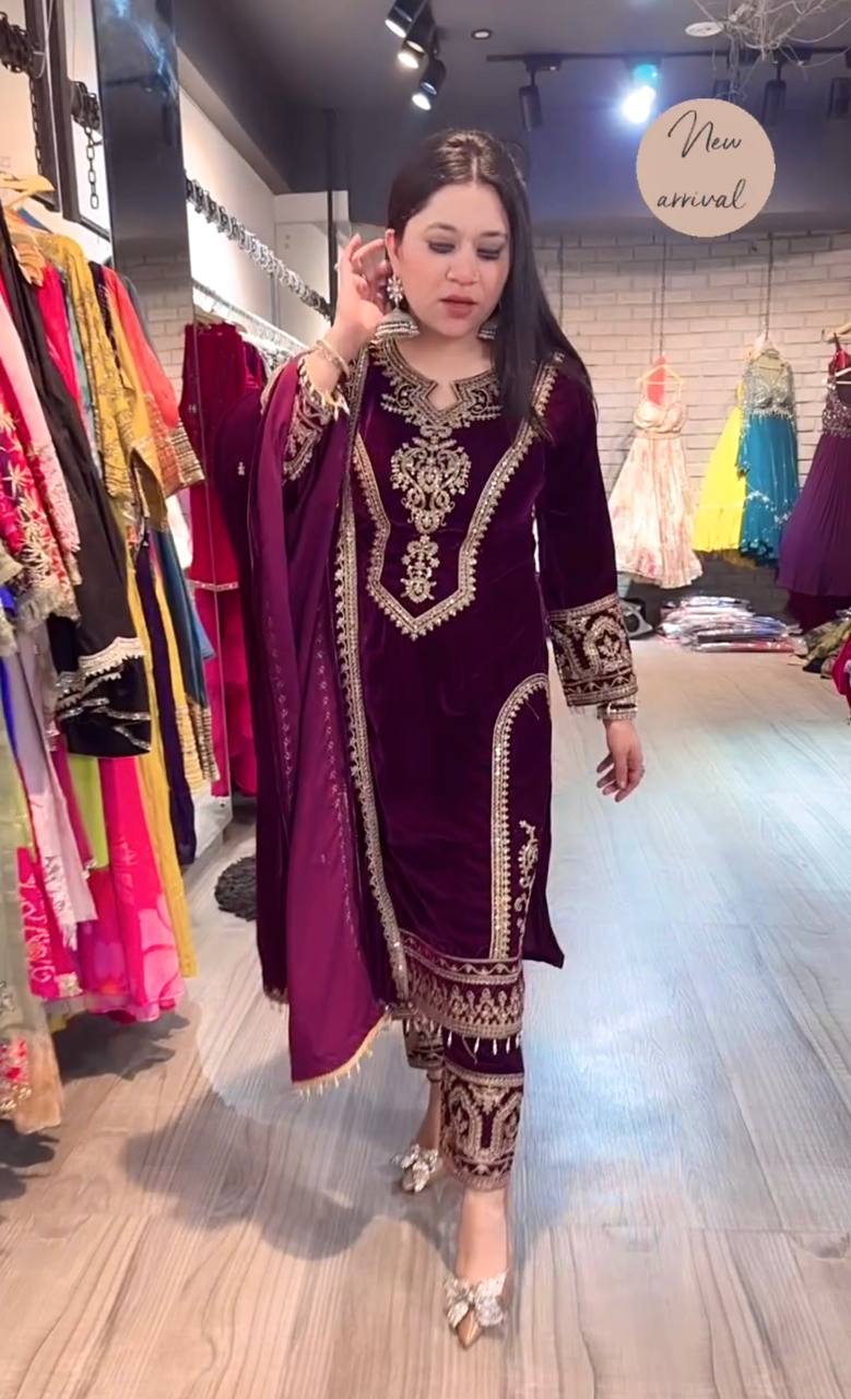 Wine Premium Designer Readymade Viscose Velvet Top, Plazzo & Dupatta Set – Party Wear Elegance Clothsvilla Main image