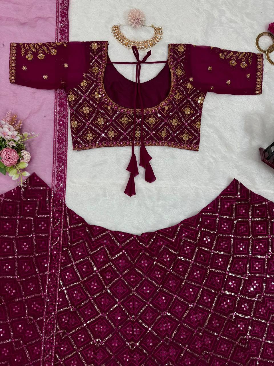 Wine Premium Faux Georgette Embroidered Lehenga Choli Set with Sequin & Butterfly Net Dupatta ClothsVilla