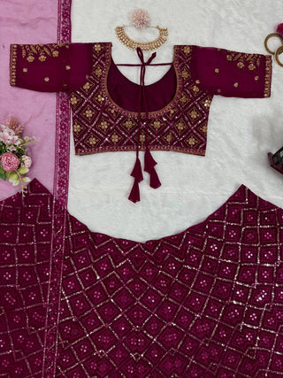 Wine Premium Faux Georgette Embroidered Lehenga Choli Set with Sequin & Butterfly Net Dupatta ClothsVilla
