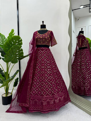 Wine Premium Faux Georgette Embroidered Lehenga Choli Set with Sequin & Butterfly Net Dupatta ClothsVilla