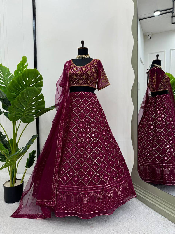 Wine Premium Faux Georgette Embroidered Lehenga Choli Set with Sequin & Butterfly Net Dupatta ClothsVilla