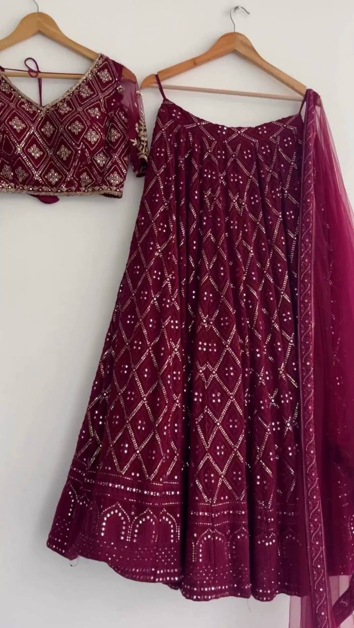 Wine Premium Faux Georgette Embroidered Lehenga Choli Set with Sequin & Butterfly Net Dupatta ClothsVilla