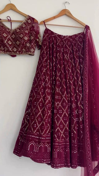 Wine Premium Faux Georgette Embroidered Lehenga Choli Set with Sequin & Butterfly Net Dupatta ClothsVilla