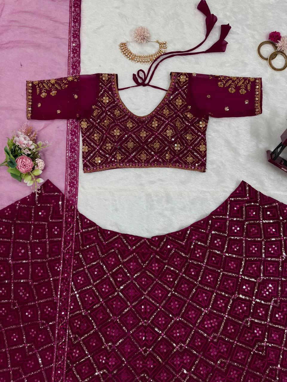 Wine Premium Faux Georgette Embroidered Lehenga Choli Set with Sequin & Butterfly Net Dupatta ClothsVilla