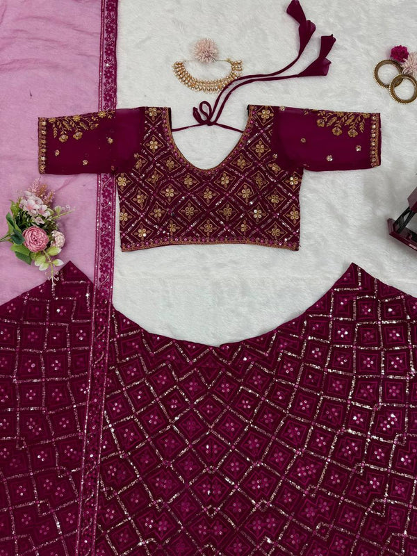 Wine Premium Faux Georgette Embroidered Lehenga Choli Set with Sequin & Butterfly Net Dupatta ClothsVilla
