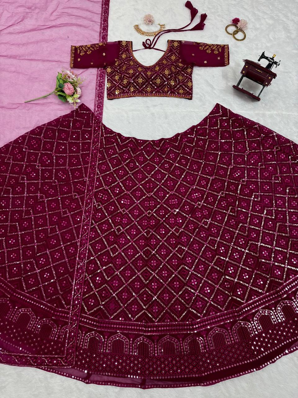 Wine Premium Faux Georgette Embroidered Lehenga Choli Set with Sequin & Butterfly Net Dupatta ClothsVilla