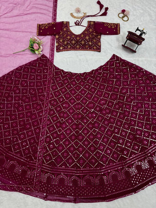 Wine Premium Faux Georgette Embroidered Lehenga Choli Set with Sequin & Butterfly Net Dupatta ClothsVilla