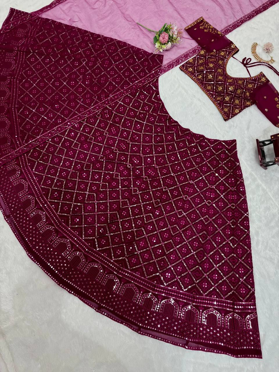 Wine Premium Faux Georgette Embroidered Lehenga Choli Set with Sequin & Butterfly Net Dupatta ClothsVilla