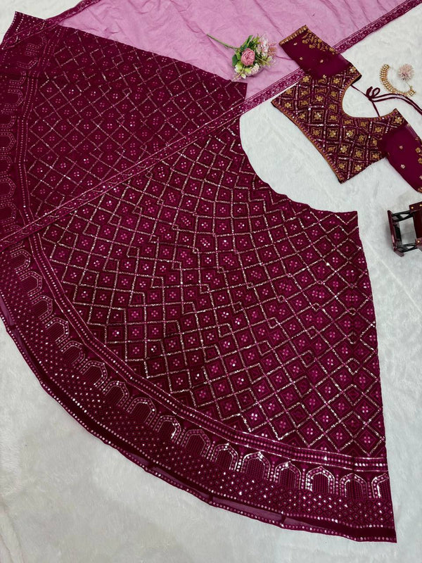 Wine Premium Faux Georgette Embroidered Lehenga Choli Set with Sequin & Butterfly Net Dupatta ClothsVilla