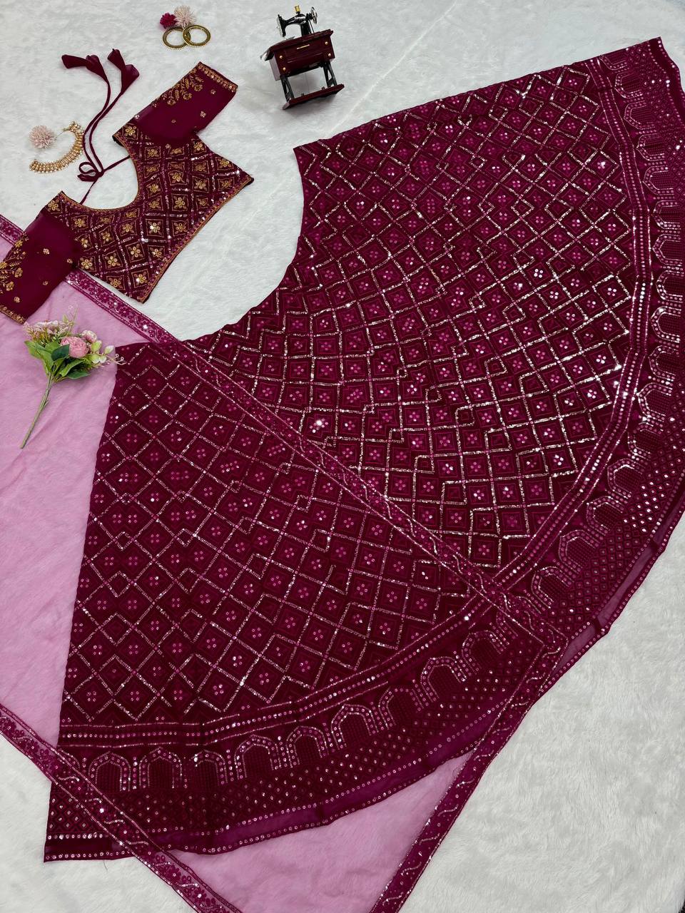 Wine Premium Faux Georgette Embroidered Lehenga Choli Set with Sequin & Butterfly Net Dupatta ClothsVilla