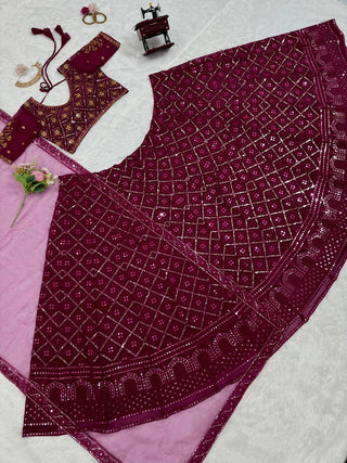 Wine Premium Faux Georgette Embroidered Lehenga Choli Set with Sequin & Butterfly Net Dupatta ClothsVilla